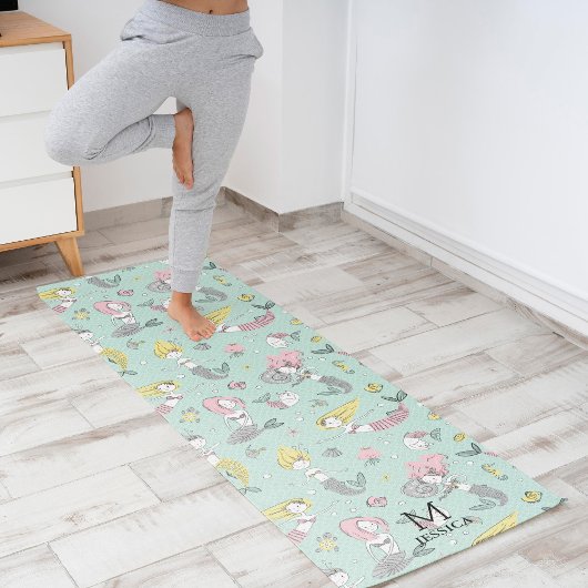 Tapis De Yoga Motif de sirène jaune et rose sur la menthe
