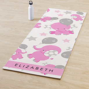 Tapis De Yoga Motif Des Eléphants Roses, Étoiles, Votre Nom