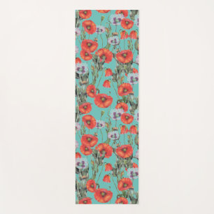 Tapis De Yoga Motif des Poppies rouges et aqua