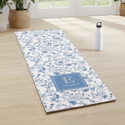 Tapis De Yoga Motif élégant de toile de Jouy bleue avec monogram