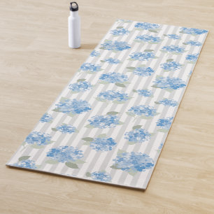 Tapis De Yoga Motif Élégant d'Hydrangea Bleue Rayure Grise