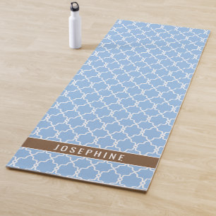 Tapis De Yoga Motif en treillis bleu poudre et marron avec nom