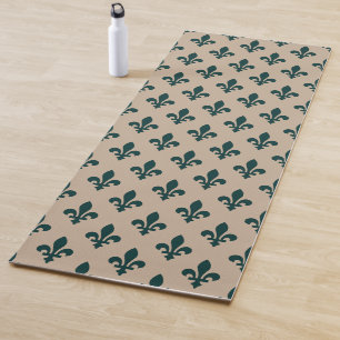 Tapis De Yoga Motif Fleur de Lis, Vert Royal Français sur Crème