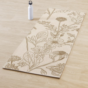 Tapis De Yoga Motif floral de dessin au trait botanique sépia an