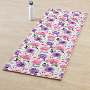 Tapis De Yoga Motif floral vibrant à l'aquarelle en rose et viol