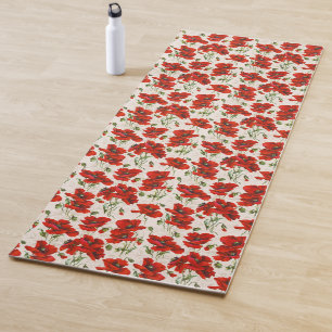Tapis De Yoga Motif floral vintage rouge coquelicot Art botaniqu
