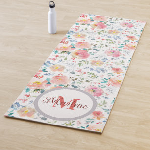 Tapis De Yoga Motif floral violet moderne aquarelle monogramme y