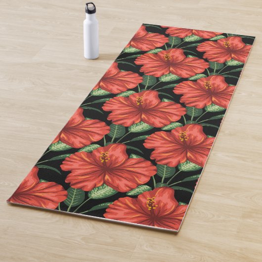 Tapis De Yoga Motif sans couture Fleurs rouges tropicales feuill (En situation)
