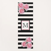 Tapis De Yoga Noir blanc rayures florales rose monogramme (Devant)
