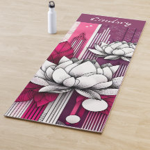 Tapis de yoga noir et blanc Magenta avec fleurs de