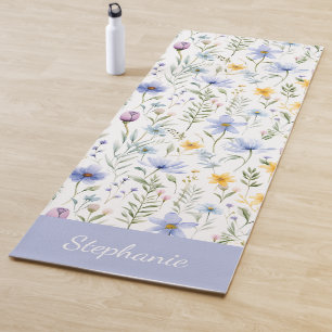 Tapis De Yoga Nom aquarelle de fleur sauvage bleue violette élég