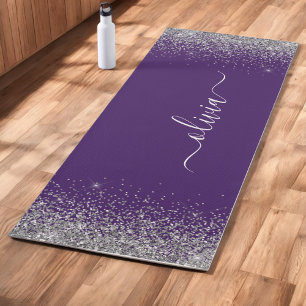 Tapis De Yoga Nom de jeune fille pailleté argent violet