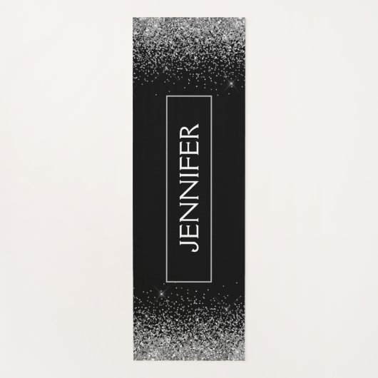 Tapis De Yoga Nom de monogramme scintillant pailleté noir argent (Devant)