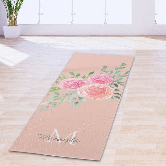 Tapis De Yoga Nom du monogramme Aquarelle rose Floral