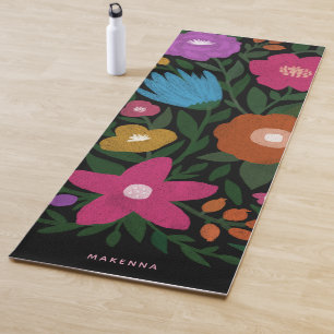 Tapis De Yoga Nom floral coloré mignon Noir