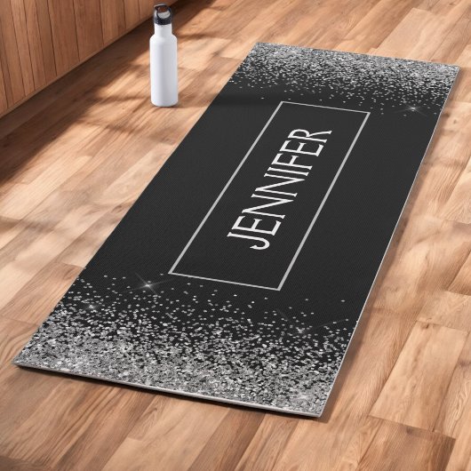 Tapis De Yoga Nom Monogramme Pailleté Strass Argent Noir
