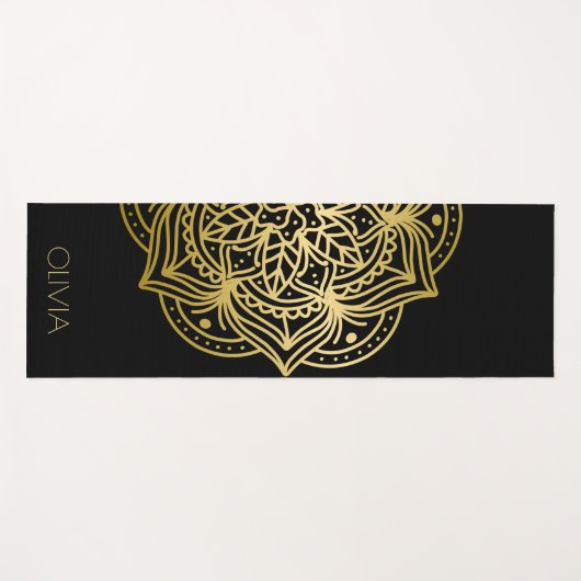 Tapis De Yoga Nom personnalisé Gold Mandala Black (Devant (Horizontal))