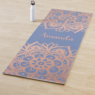 Tapis De Yoga Nom personnalisé Rose Gold Mandala Blue