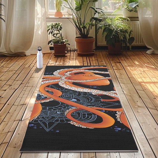 Tapis De Yoga Octopus Orange Mandala bleu
