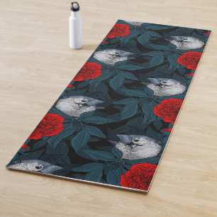 Tapis De Yoga Oiseaux et fleurs de pivoines rouges avec feuilles