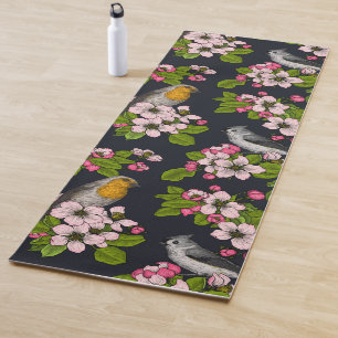 Tapis De Yoga Oiseaux et fleurs en noir