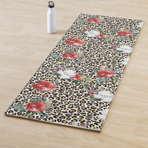Tapis De Yoga Or Empreinte de léopard Rouge Blanc Floral