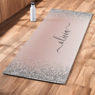 Tapis De Yoga Or Rose Gold - Fleurs Roses Paillettes Monogramme