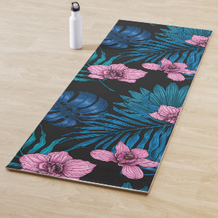 Tapis De Yoga Orchidées et feuilles de palmiers, rose et bleu su