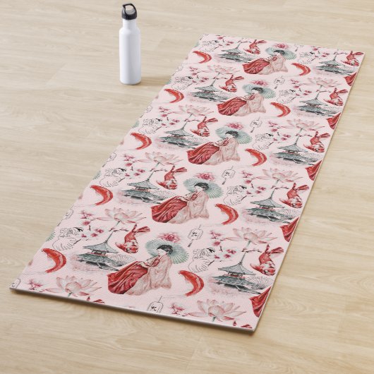 Tapis De Yoga Pagode Japonaise Koi rose rouge (En situation)