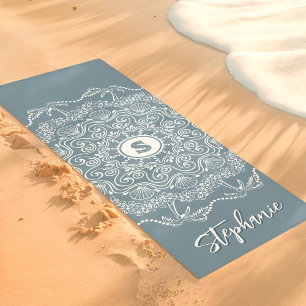 Tapis De Yoga Palmier Coquillage Mandala Monogramme Bleu Plage