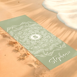 Tapis De Yoga Palmier Coquillage Mandala Monogramme Sauge Plage
