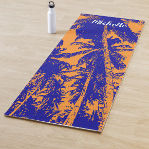 Tapis De Yoga Palmiers dans un design orangé et bleu pointu