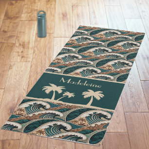 Tapis De Yoga Palmiers Vagues Polynésiennes Monogramme Vintage P