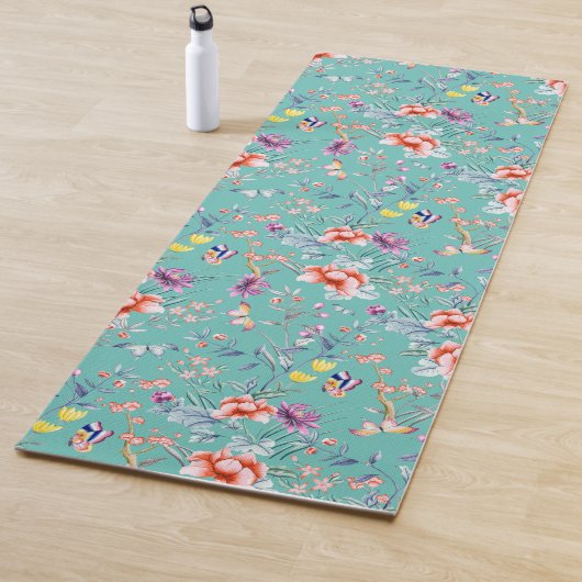 Tapis De Yoga papillons chinois, fleurs turquoises, (En situation)