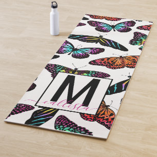 Tapis De Yoga Papillons colorés Aquarelle Motif Monogramme