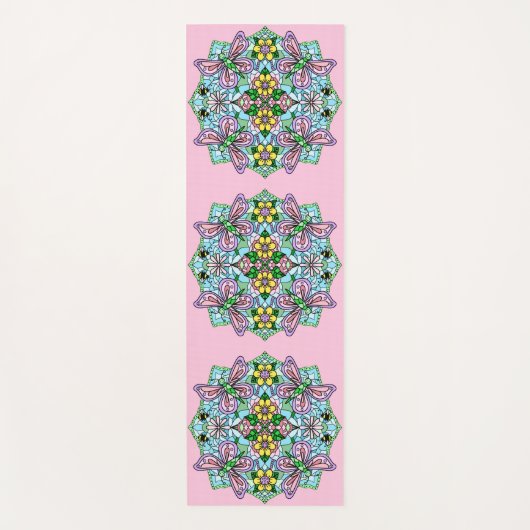 Tapis De Yoga Papillons et fleurs rose et bleu Mandala (Devant)