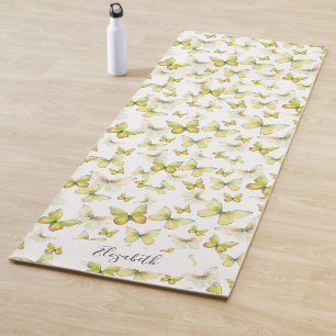Tapis De Yoga Papillons Pastel Jaune Fille Nom personnalisé