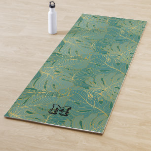 Tapis De Yoga Paume luxuriante feuille motif en vert et or