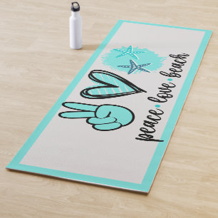 Tapis De Yoga Peace Love Beach Coeur Turquoise Coquillage