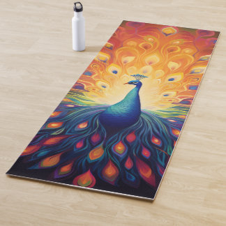 Tapis De Yoga Peacock - Blue Green Rose Orange Jaune Plumes