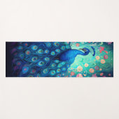 Tapis De Yoga Peacock - Plumes d'Aqua Vert Bleu & Fleurs Roses (Devant (Horizontal))