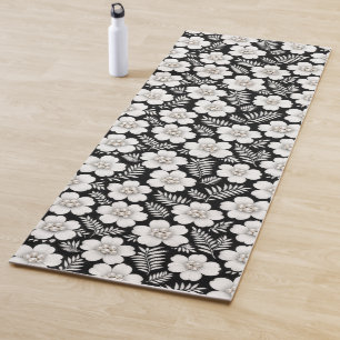 Tapis De Yoga Perles blanches dans des fleurs sur fond noir