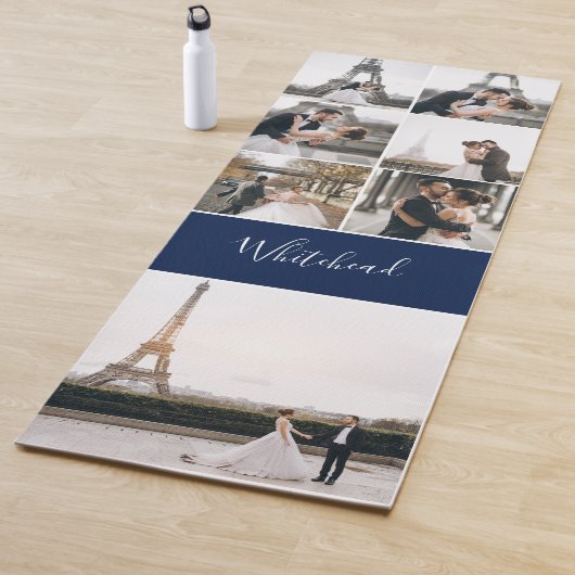 Tapis De Yoga Photo Collage Navy Monogramme moderne (En situation)
