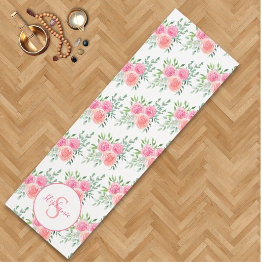 Tapis De Yoga Pink Pastel Floral Aquarelle Nom Monogramme