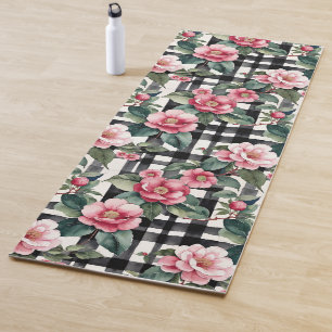 Tapis De Yoga Plaqué noir et blanc avec Camellias rose feuillus