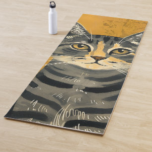Tapis De Yoga Portrait de chat tigré minimaliste rétro vintage