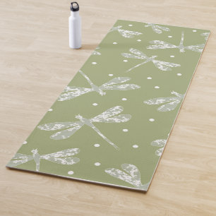 Tapis De Yoga Pots blancs et libellules vert olive