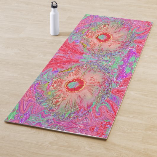Tapis De Yoga Psychédélique Corail Rétro Hibiscus arc-en-ciel (En situation)