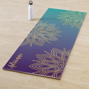 Tapis De Yoga Purple Turquoise Gradient Faux Gold Mandala
