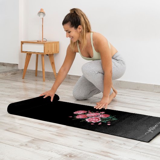Tapis De Yoga Red Roses on Black with script name